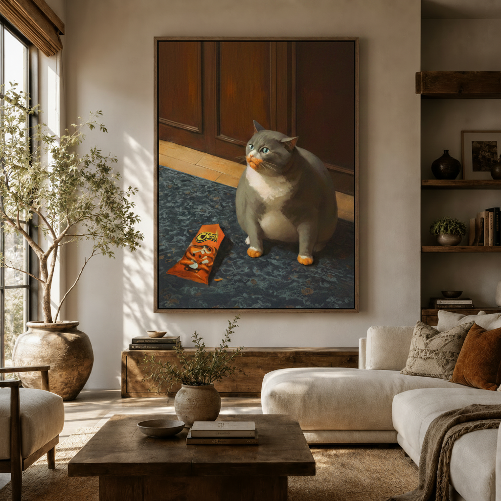 Funny Cheetos cat canvas wall art in living room, chubby grey cat with orange paws, float frame