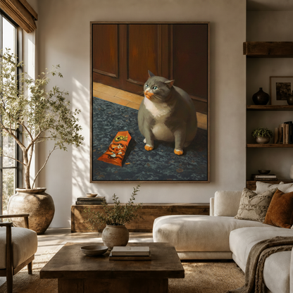 Funny Cheetos cat canvas wall art in living room, chubby grey cat with orange paws, float frame