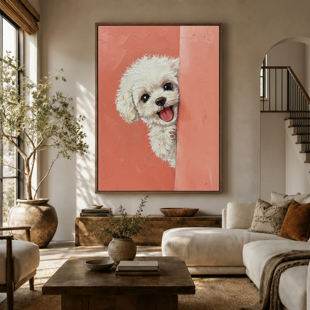 Peeking white poodle impasto oil painting canvas displayed in a warm neutral living room
