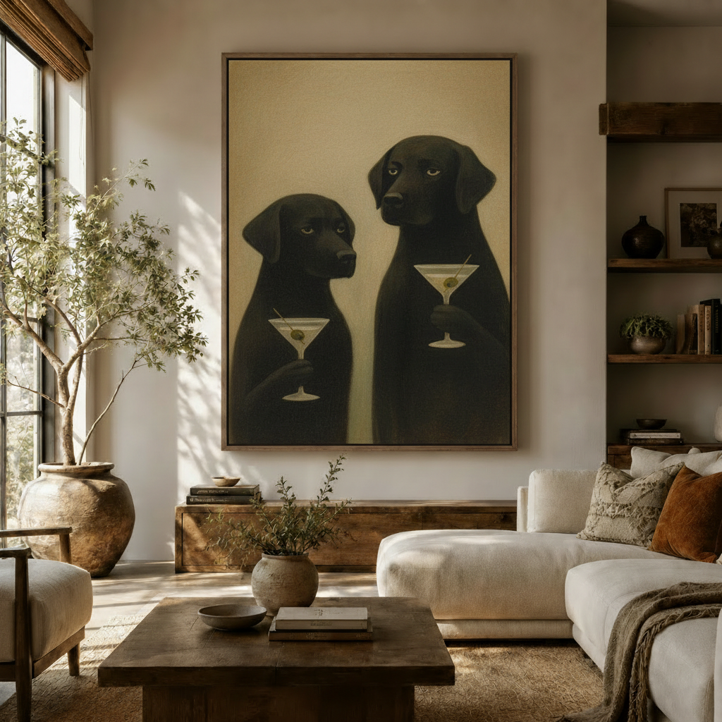 Cocktail dogs canvas wall art – two black labs holding martini glasses, living room decor by Aurewall
