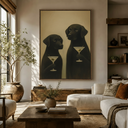 Cocktail dogs canvas wall art – two black labs holding martini glasses, living room decor by Aurewall