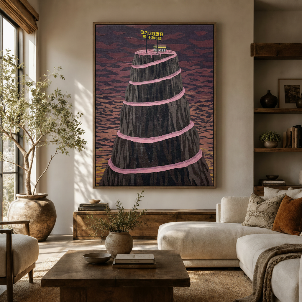Folk art canvas wall art of Waffle House mountain in living room with olive tree and cream sofa