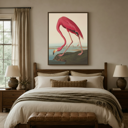 Vivid flamingo botanical illustration canvas wall art displayed above bedroom headboard