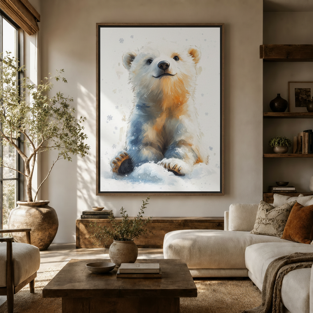 Baby polar bear watercolor canvas print displayed in a warm Japandi living room above a wooden sideboard