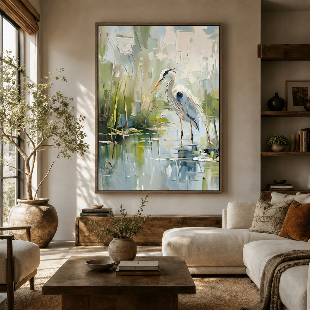 Impasto heron canvas wall art displayed in a warm neutral living room above a wooden sideboard