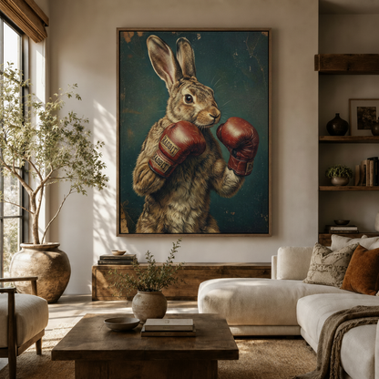 Vintage boxing rabbit canvas wall art displayed in warm neutral living room above walnut credenza