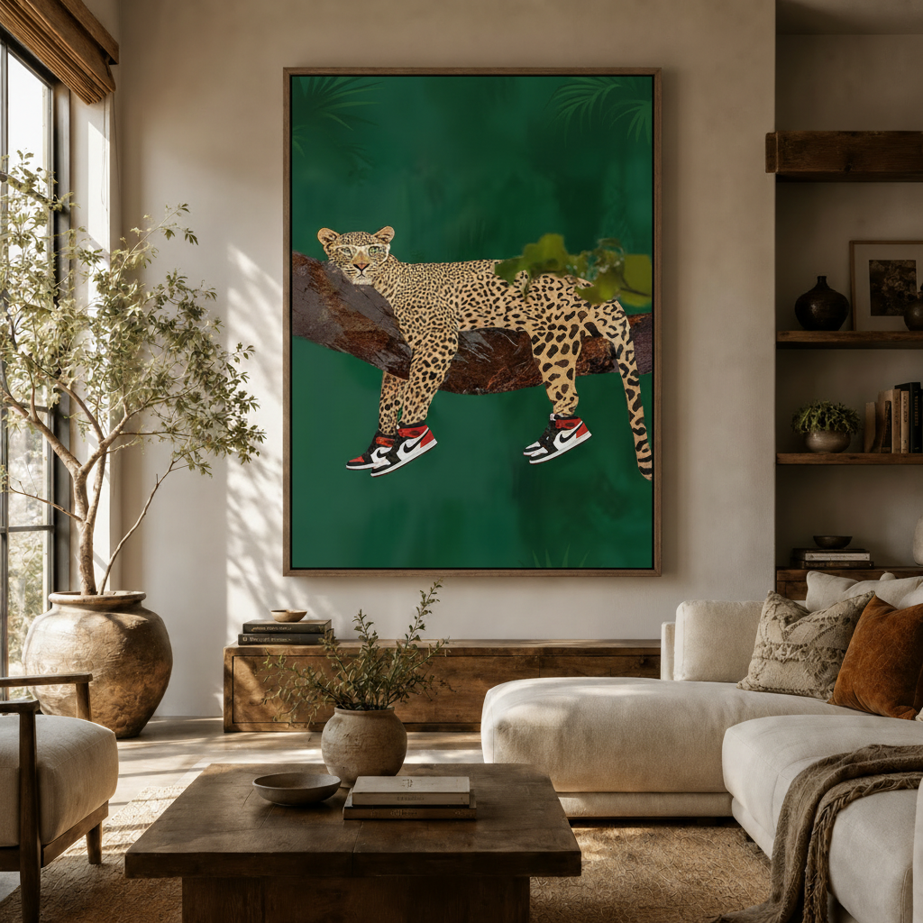 Bold leopard in Air Jordan sneakers pop art canvas hanging in a warm modern living room