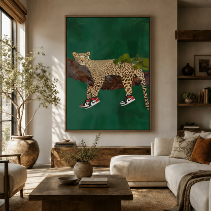 Bold leopard in Air Jordan sneakers pop art canvas hanging in a warm modern living room