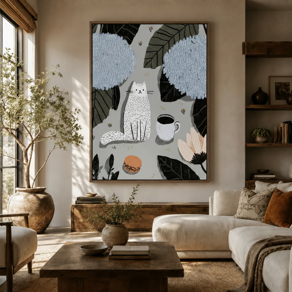  White cat hydrangea botanical canvas art hanging in a warm neutral living room above sideboard