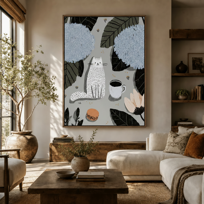  White cat hydrangea botanical canvas art hanging in a warm neutral living room above sideboard