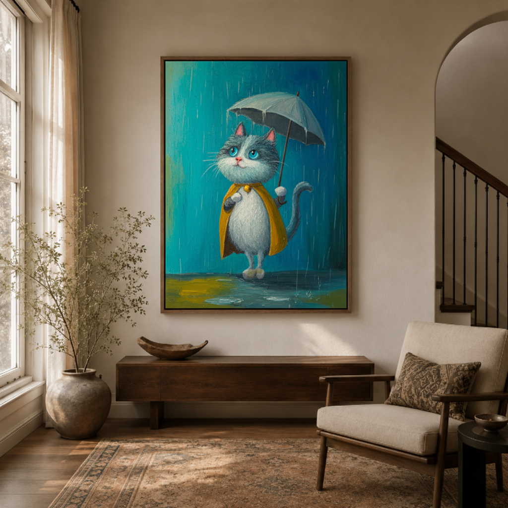 Rainy day cat canvas wall art entryway detail – close-up of whimsical oil painting showing blue cat with umbrella and moody teal rain as welcoming hallway accent by Aurewall