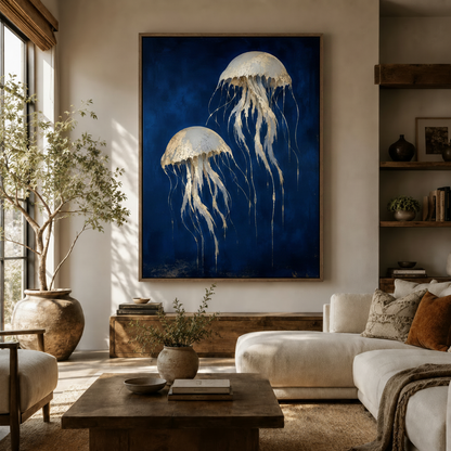 Gold jellyfish navy blue canvas wall art in dark walnut float frame displayed in a warm neutral living room