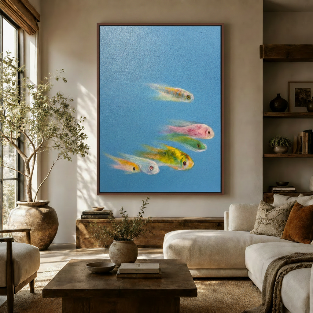 Colorful fish oil painting canvas print displayed in warm neutral living room above console table