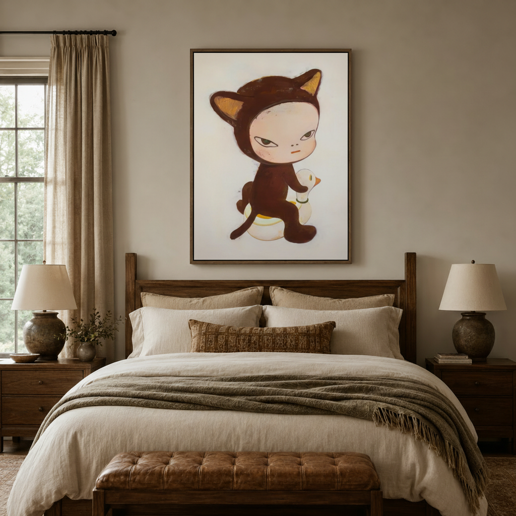Whimsical cat girl canvas print displayed above wooden bed headboard in cozy neutral bedroom