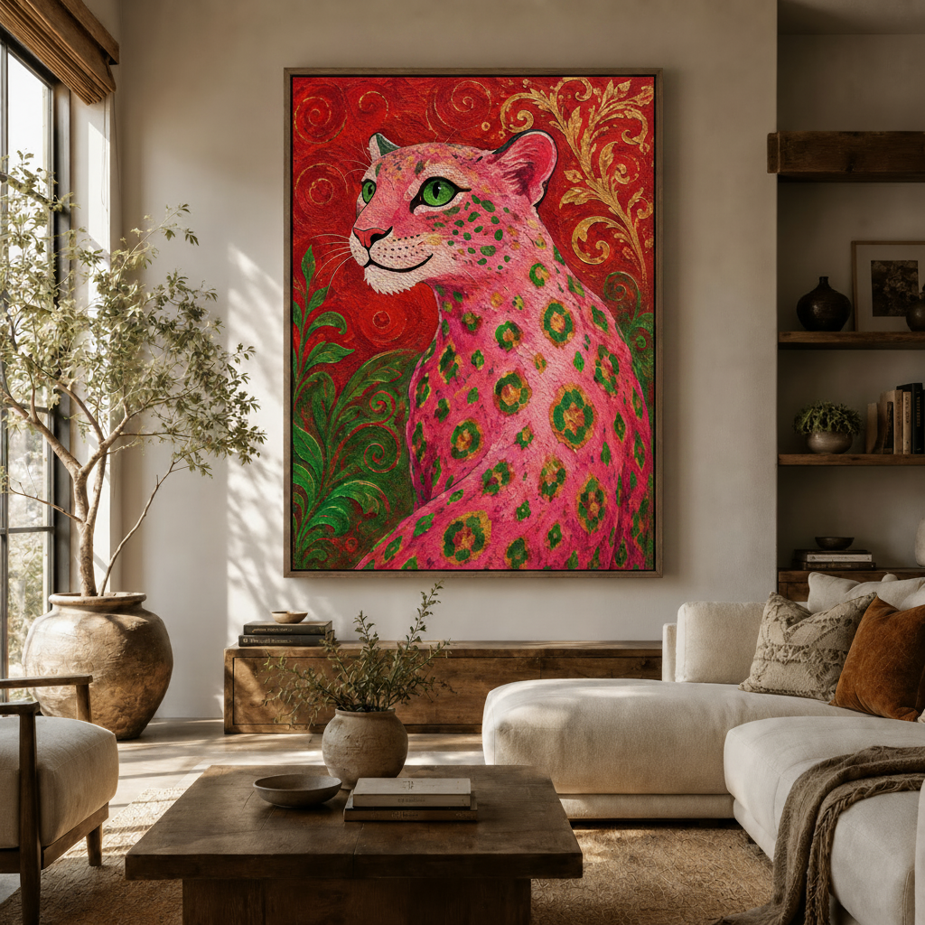 Bold pink leopard baroque impasto oil painting canvas displayed in warm neutral living room above wooden sideboard