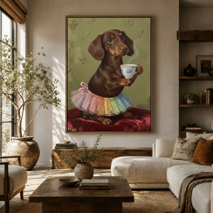 Whimsical dachshund oil painting in rainbow tutu displayed in warm neutral living room above wooden console
