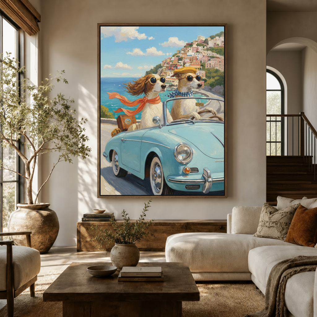 Amalfi Coast dogs road trip oil painting canvas displayed in a warm living room with olive tree and console table