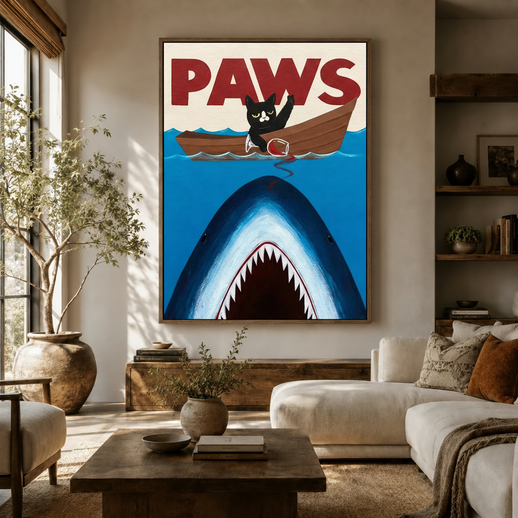 PAWS funny cat shark canvas print displayed in a warm neutral living room above a wooden sideboard