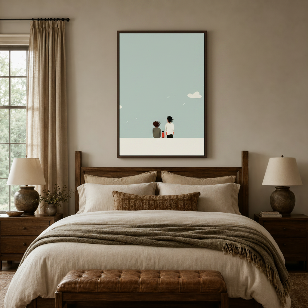Minimalist family canvas print hanging above bed in warm neutral bedroom interior