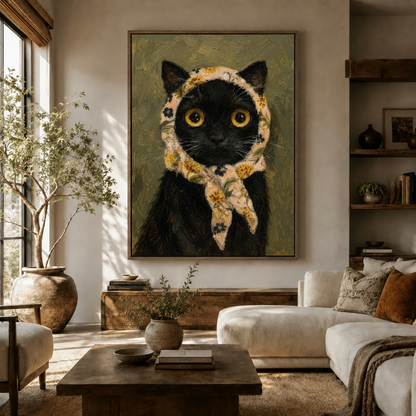 Whimsical black cat floral bonnet oil painting canvas displayed above a wooden sideboard in a warm living room