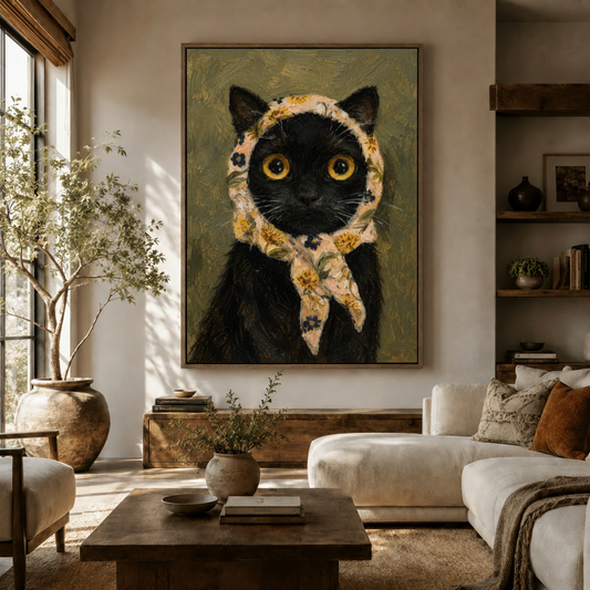 Whimsical black cat floral bonnet oil painting canvas displayed above a wooden sideboard in a warm living room