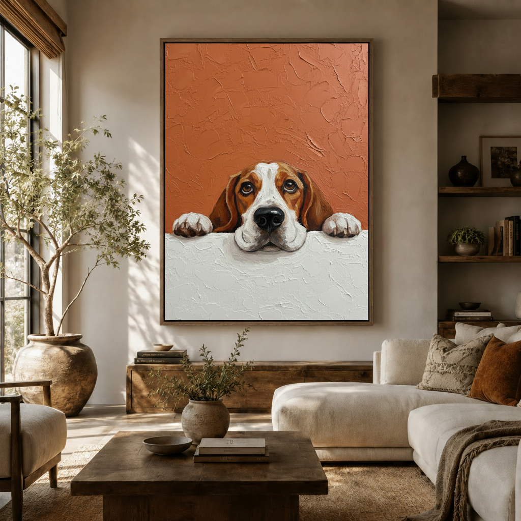  Impasto oil painting canvas print of peeking beagle dog displayed in warm neutral living room