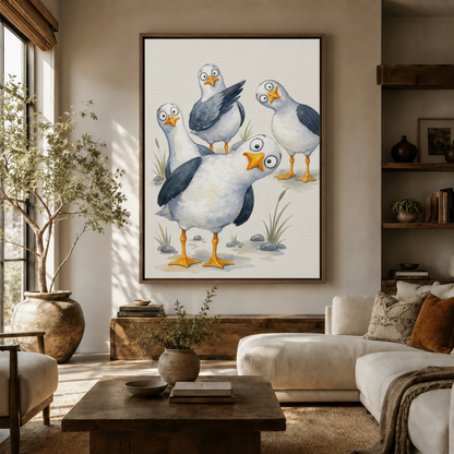 Funny cartoon seagull watercolor canvas art hanging in a warm neutral living room above sideboard