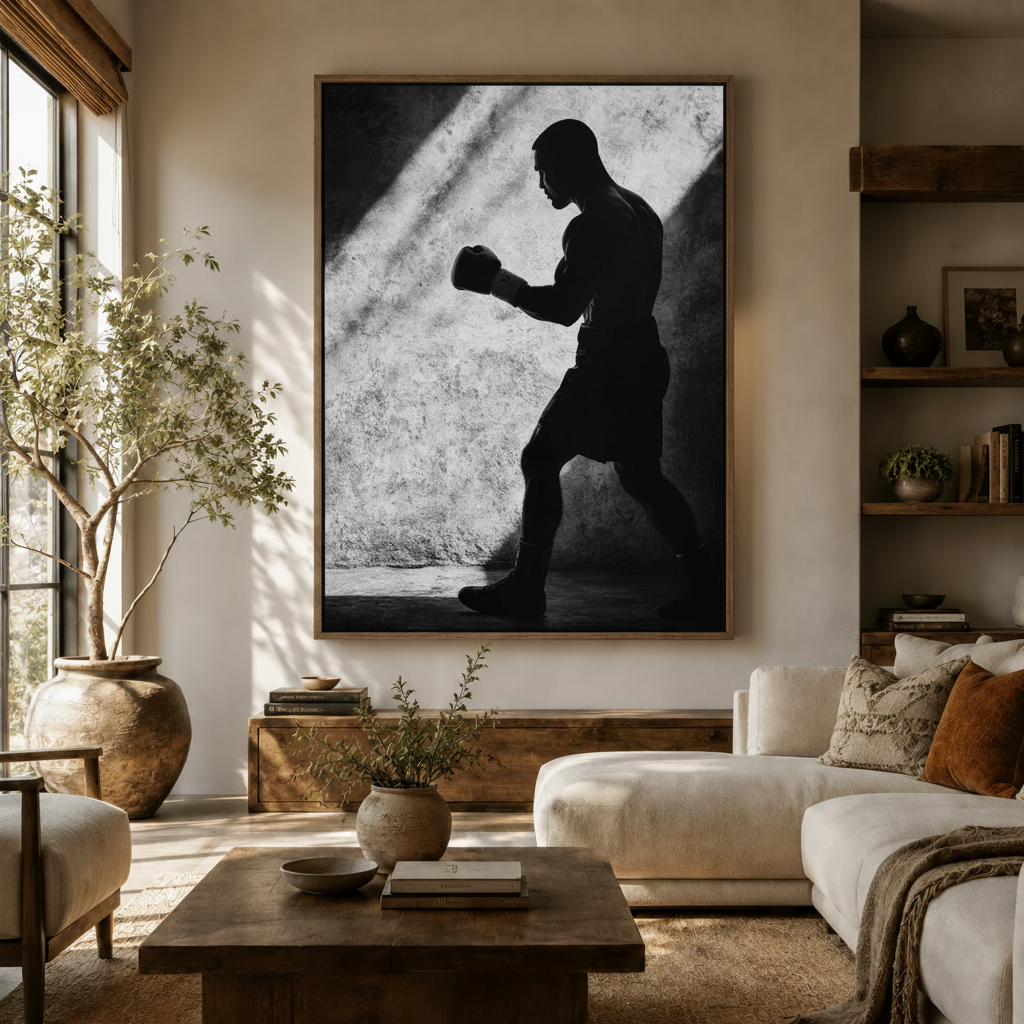 Black and white boxer silhouette framed canvas art displayed above living room sofa