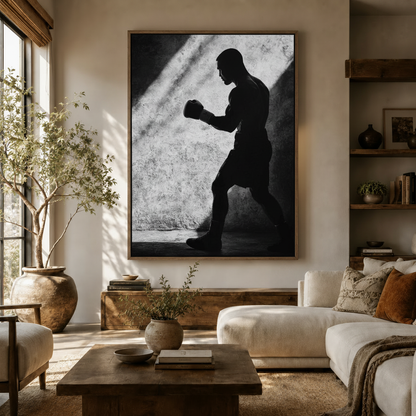 Black and white boxer silhouette framed canvas art displayed above living room sofa