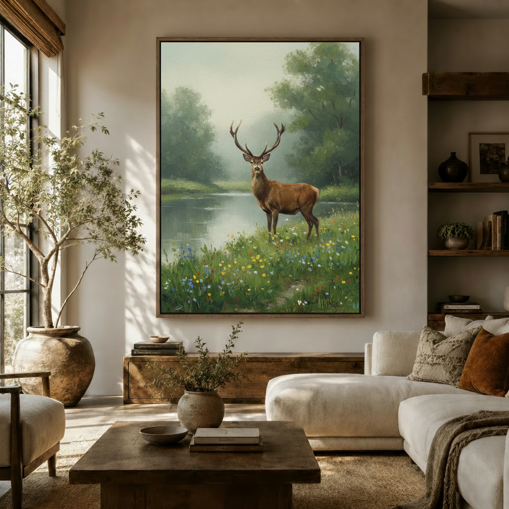 Majestic stag nature canvas wall art above sofa in a warm neutral living room – oil painting style by Aurewall