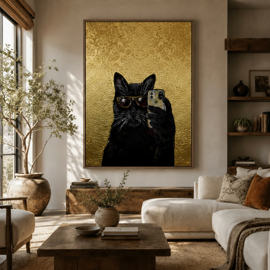 Black cat selfie gold canvas wall art displayed in warm neutral living room above walnut credenza