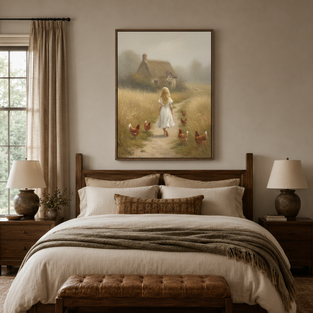 Farmhouse girl chickens canvas wall art bedroom detail – close-up of rustic oil painting showing country girl and golden meadow path texture by Aurewall