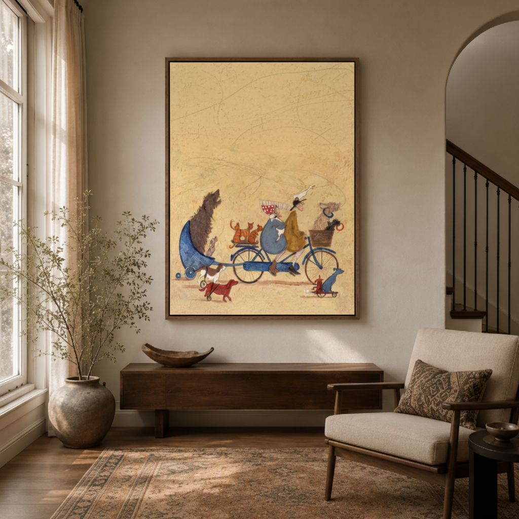 Animal bicycle ride vintage canvas wall art entryway detail – close-up of whimsical illustration showing bear duck dog and bicycle on warm cream ground by Aurewall