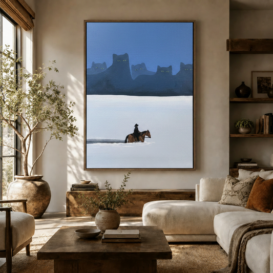 Surreal cowboy and giant black cat mountain canvas art displayed in a cozy living room above a wooden sideboard
