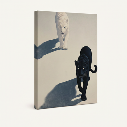 Gallery wrap canvas print of black and white panthers with dramatic shadows, minimalist style, 3/4 angle view
