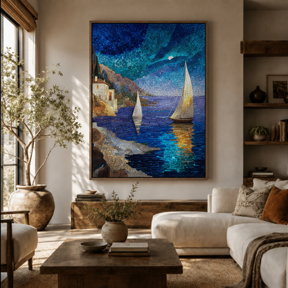 Mediterranean sailboat canvas wall art – navy blue impressionist night seascape with sailing boats, living room decor by Aurewall