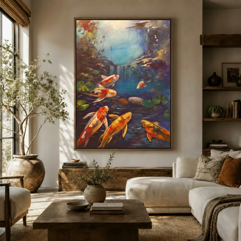 Vibrant koi fish canvas wall art hanging above sofa in warm-toned living room with olive tree and wooden shelves