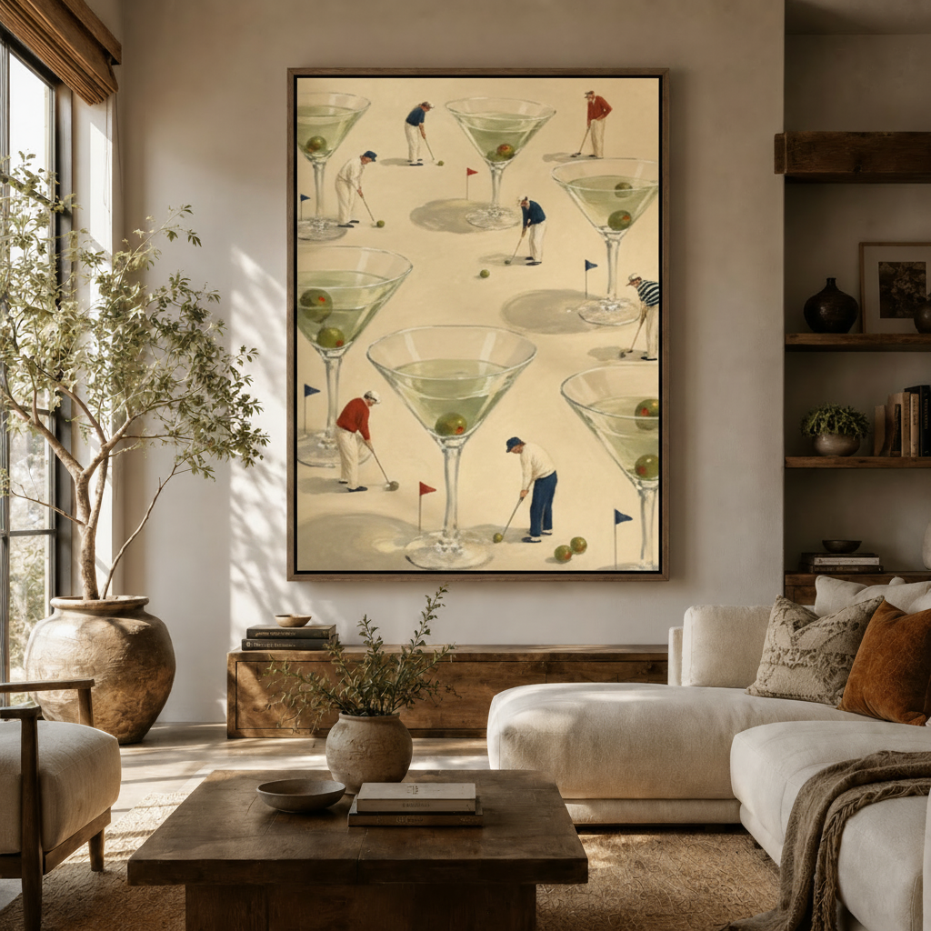 Vintage golf martini canvas print displayed in a warm neutral living room with walnut furniture