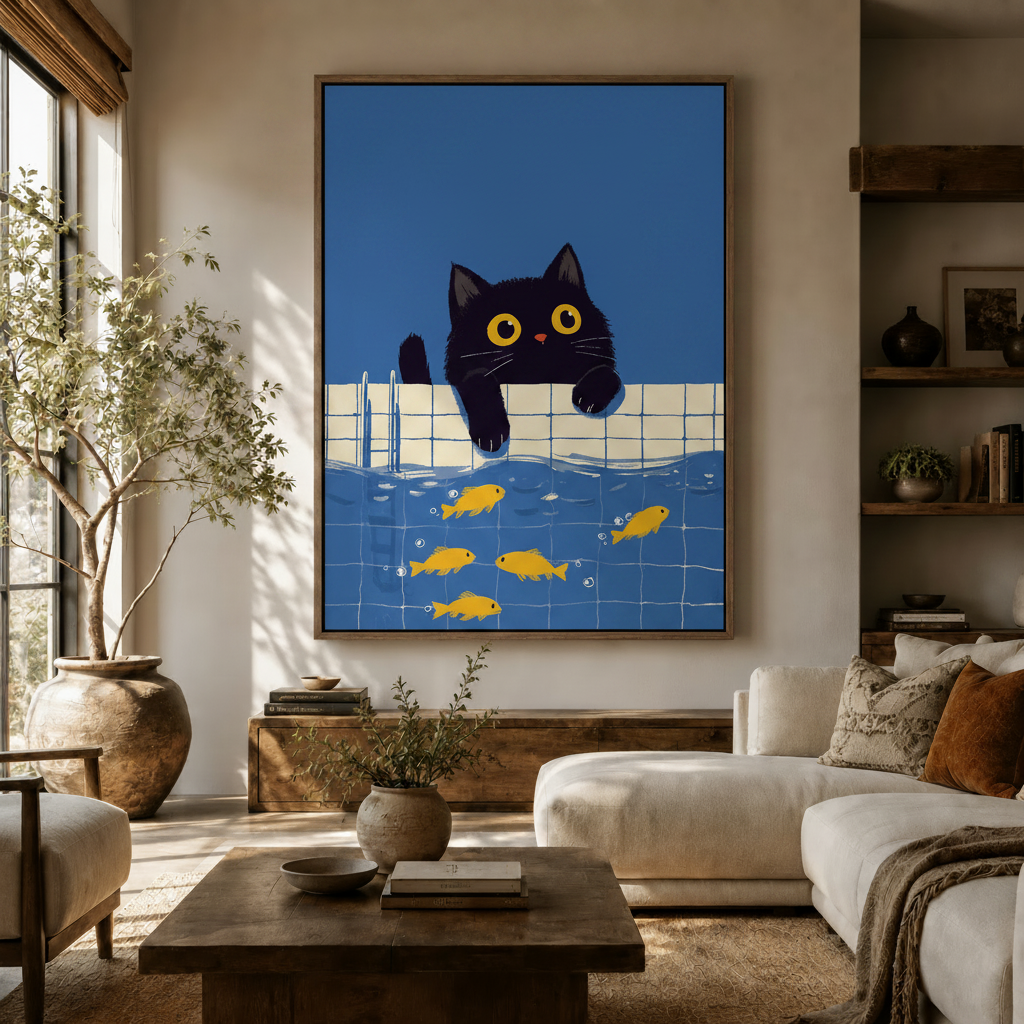 Black cat illustration canvas print hanging in a warm Japandi living room above a wooden sideboard