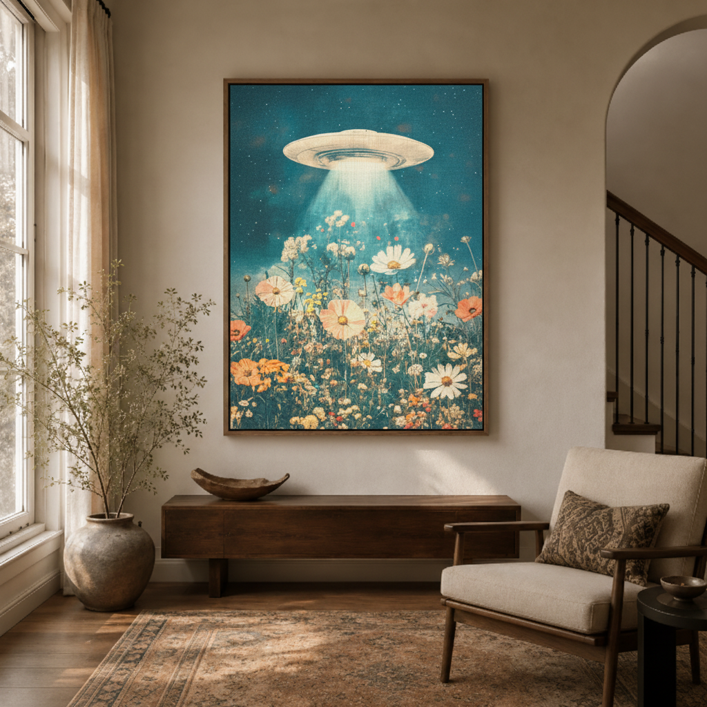 Surreal UFO wildflower canvas print in entryway – whimsical retro sci-fi floral wall art as bold statement piece by Aurewall