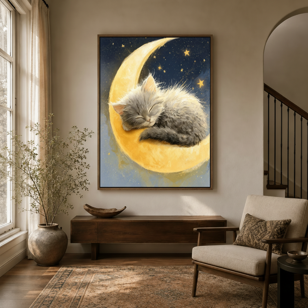 Gray kitten sleeping on crescent moon dreamy canvas in dark float frame above entryway console