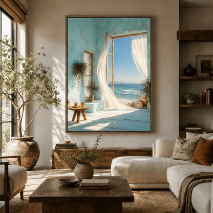 Mediterranean ocean view canvas wall art displayed in a warm neutral living room above a wood console
