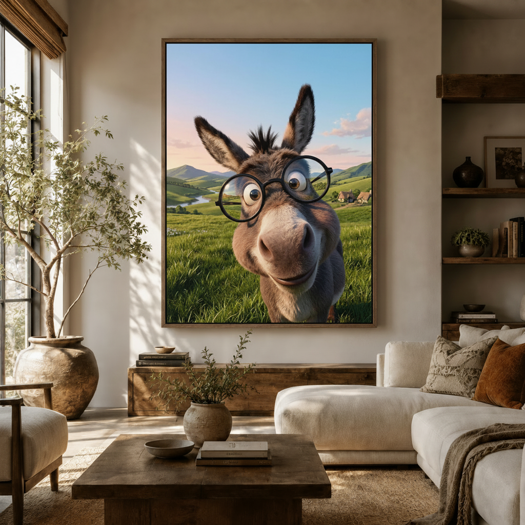 Funny donkey with glasses cartoon canvas wall art in float frame displayed in bright modern living room