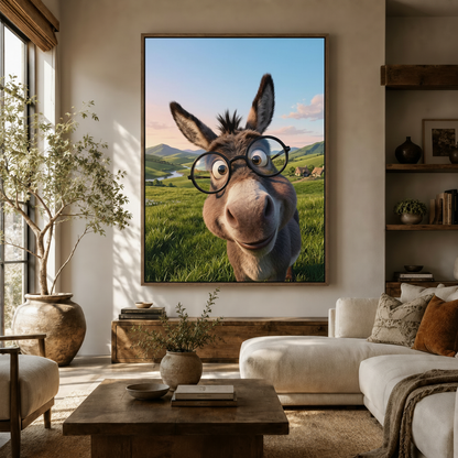 Funny donkey with glasses cartoon canvas wall art in float frame displayed in bright modern living room
