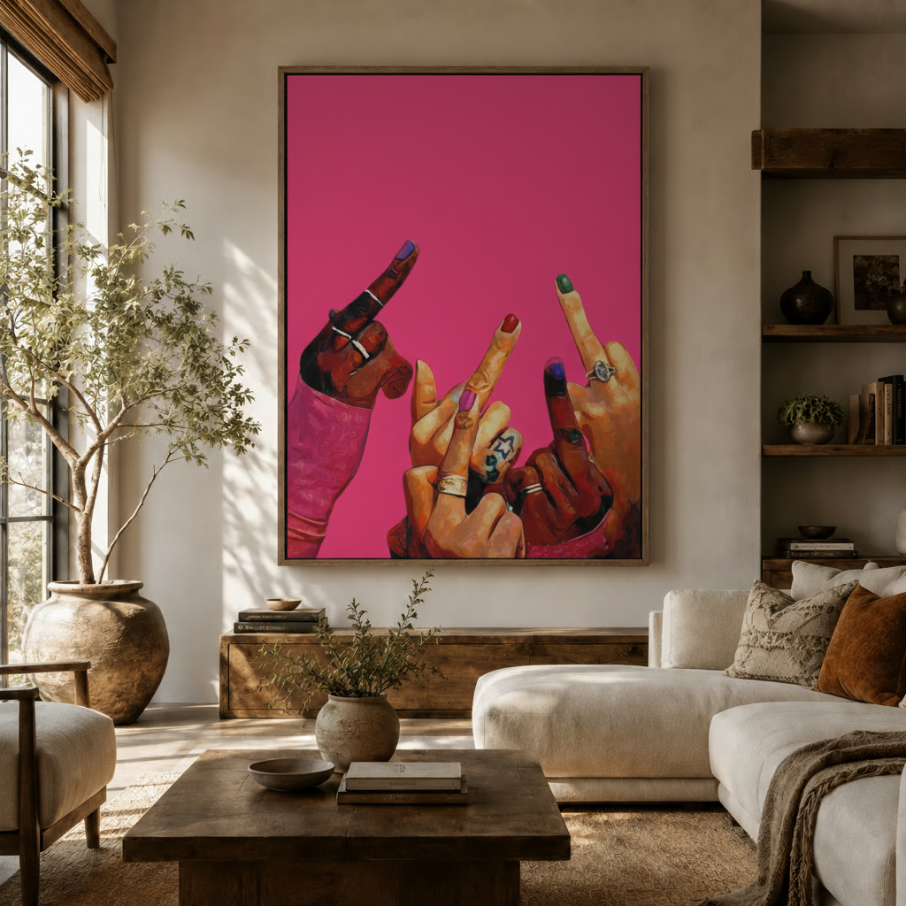Diverse hands pointing up oil painting canvas print displayed above sofa in warm earthy living room