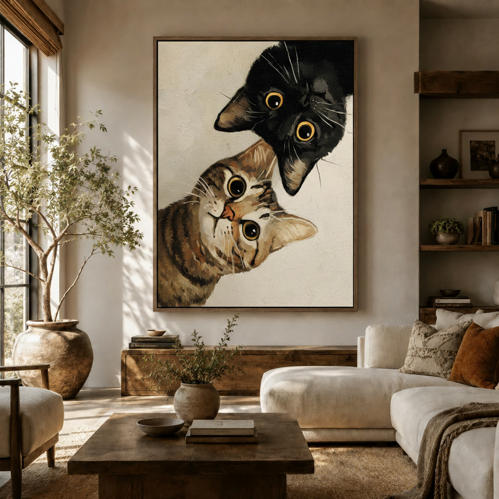 Curious cats oil painting canvas in dark walnut float frame styled in a warm modern living room