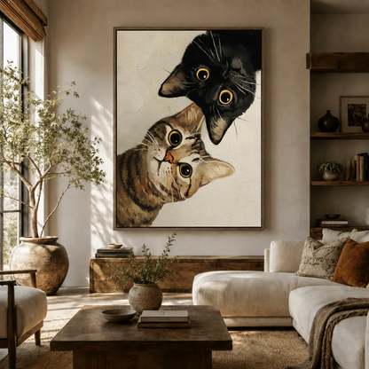 Curious cats oil painting canvas in dark walnut float frame styled in a warm modern living room