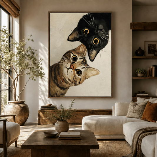Curious cats oil painting canvas in dark walnut float frame styled in a warm modern living room