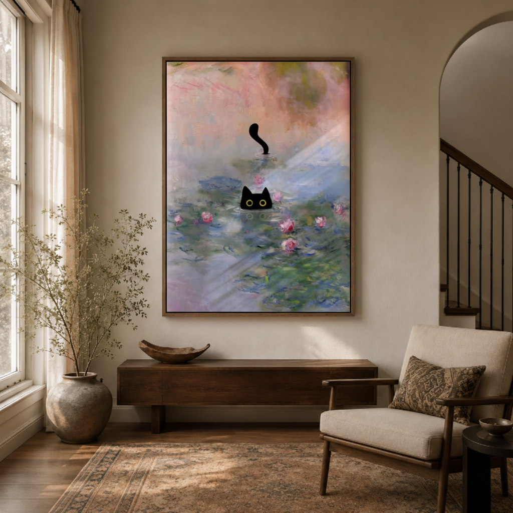 Surreal black cat Monet water lily canvas wall art in reading nook – impressionist oil painting with cat overlooking misty lily pond as serene sophisticated wall accent by Aurewall