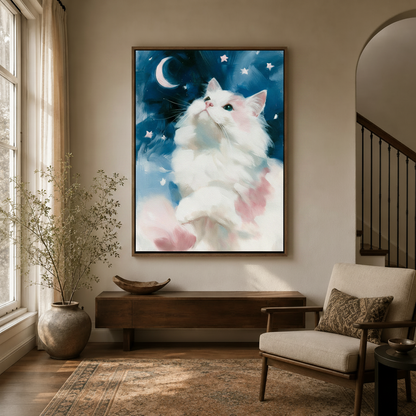 White cat starry night oil painting canvas in float frame above entryway console table